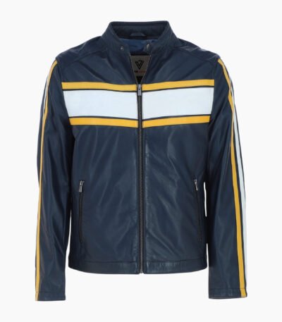 Mens Racing Stripe Leather Jacket Navy