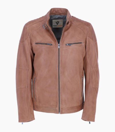 Mens Real Leather Biker Jacket Camel