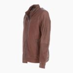 Mens Real Leather Jacket with Mandarin Collar and Zip Brown