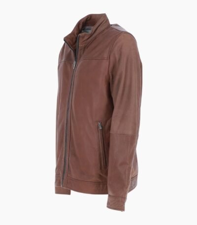 Mens Real Leather Jacket with Mandarin Collar and Zip Brown