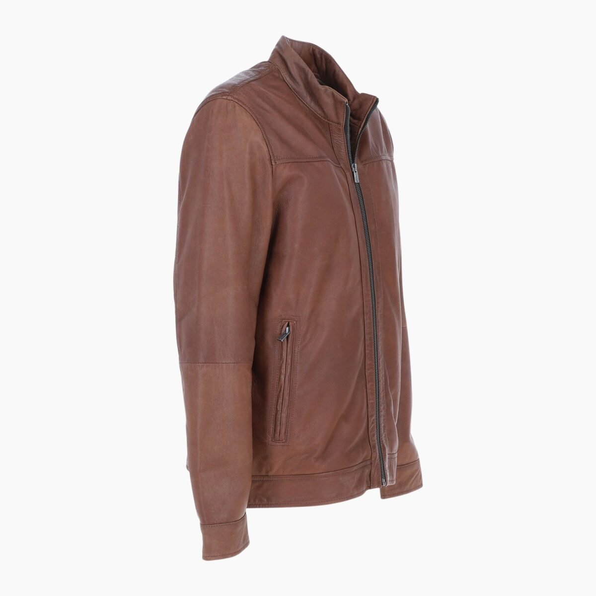 Mens Real Leather Jacket with Mandarin Collar and Zip Brown