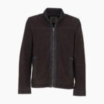 Mens Real Leather Jacket with Mandarin Collar and Zip Dark Brown