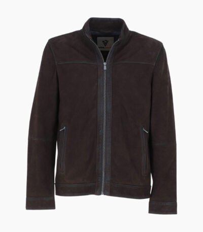 Mens Real Leather Jacket with Mandarin Collar and Zip Dark Brown