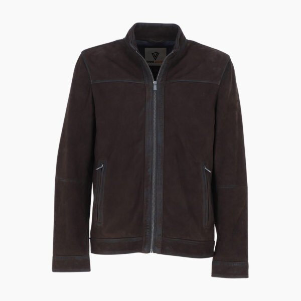 Mens Real Leather Jacket with Mandarin Collar and Zip Dark Brown