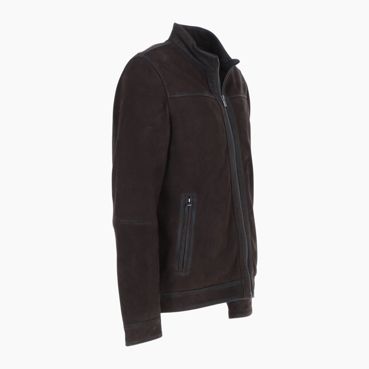 Mens Real Leather Jacket with Mandarin Collar and Zip Dark Brown