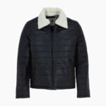 Men's Real Leather Puffer Jacket in Regular Fit with Faux Fur Collar Black