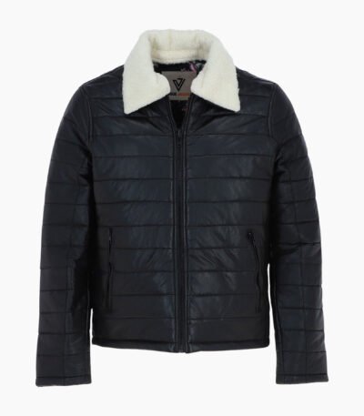 Men's Real Leather Puffer Jacket in Regular Fit with Faux Fur Collar Black