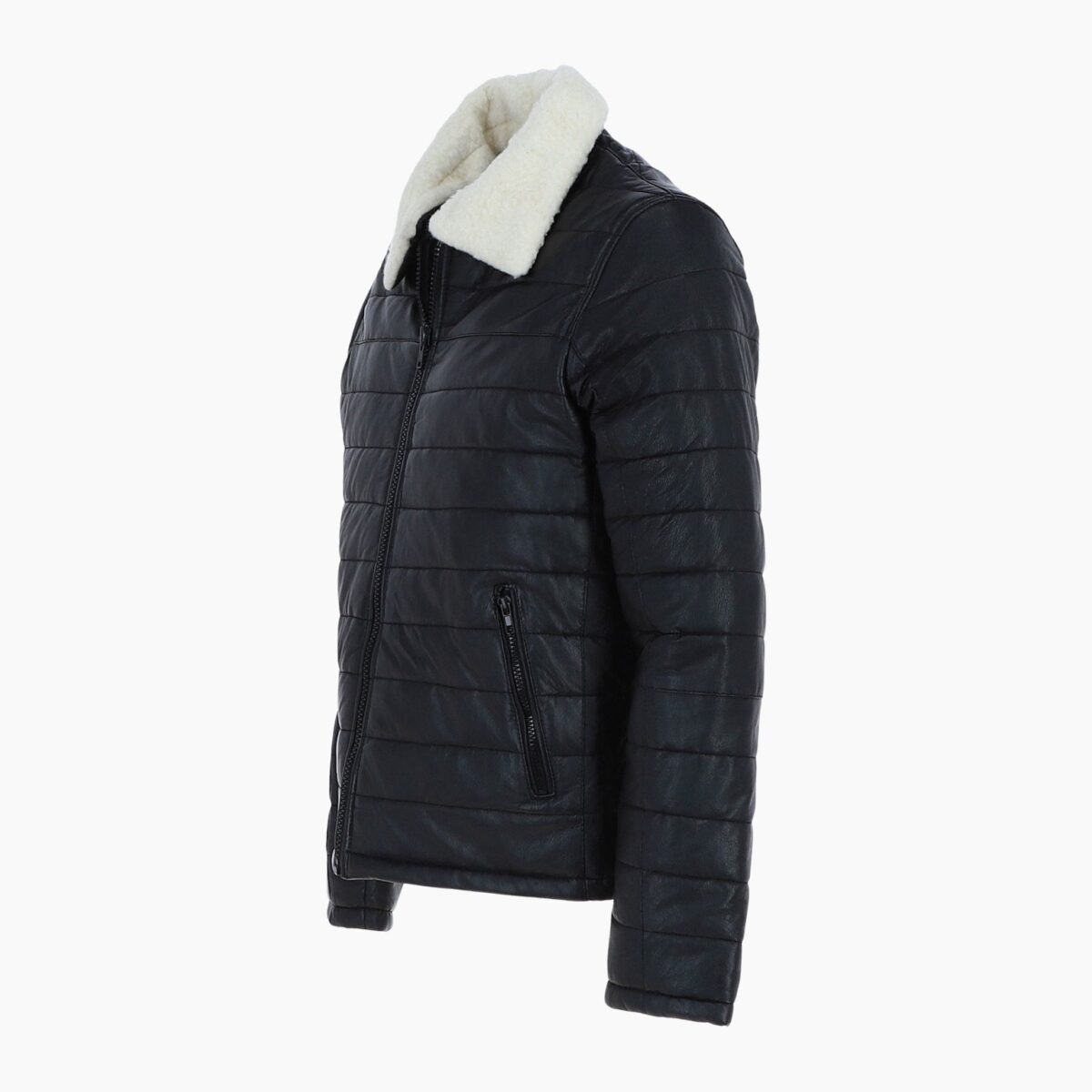 Men's Real Leather Puffer Jacket in Regular Fit with Faux Fur Collar Black