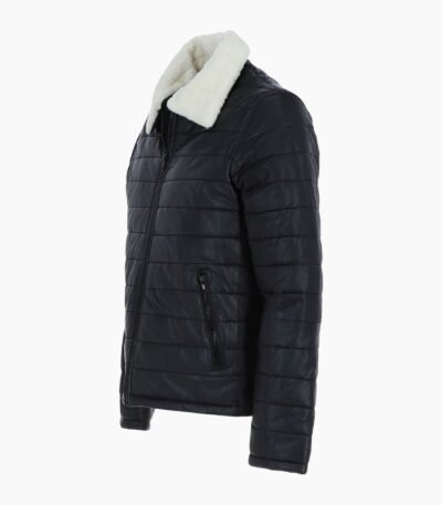 Men's Real Leather Puffer Jacket in Regular Fit with Faux Fur Collar Black