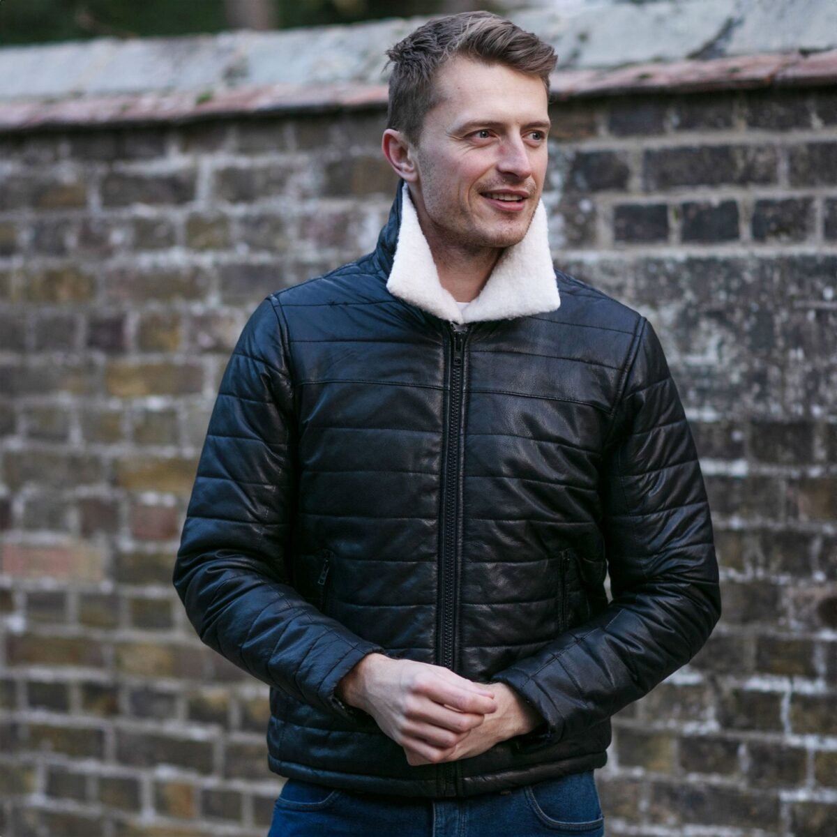 Men's Real Leather Puffer Jacket in Regular Fit with Faux Fur Collar Black