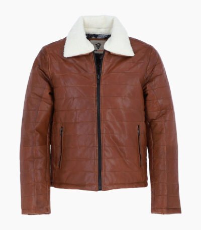 Men's Real Leather Puffer Jacket in Regular Fit with Faux Fur Collar Tan
