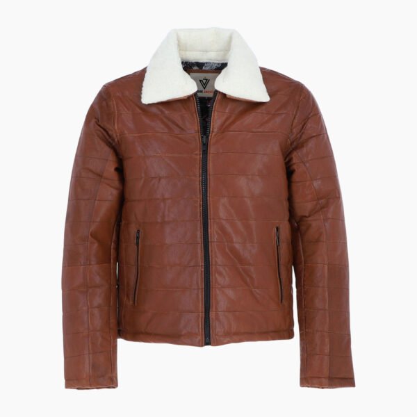 Men's Real Leather Puffer Jacket in Regular Fit with Faux Fur Collar Tan