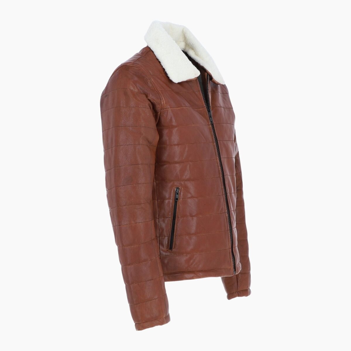 Men's Real Leather Puffer Jacket in Regular Fit with Faux Fur Collar Tan