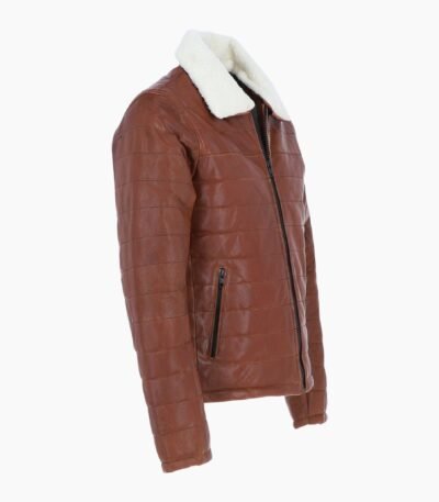 Men's Real Leather Puffer Jacket in Regular Fit with Faux Fur Collar Tan