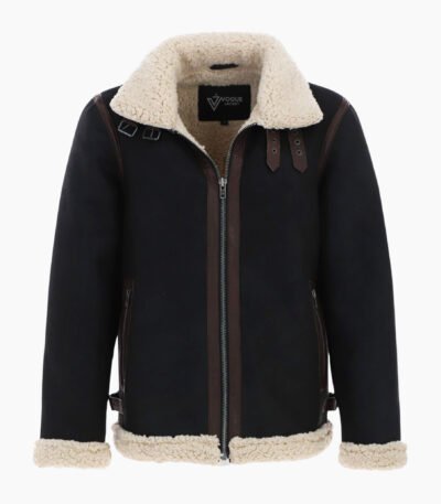 Men's Real Leather Suede Loose Fit Jacket With Faux Fur Lining & Collar Black