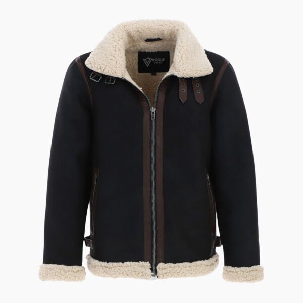 Men's Real Leather Suede Loose Fit Jacket With Faux Fur Lining & Collar Black