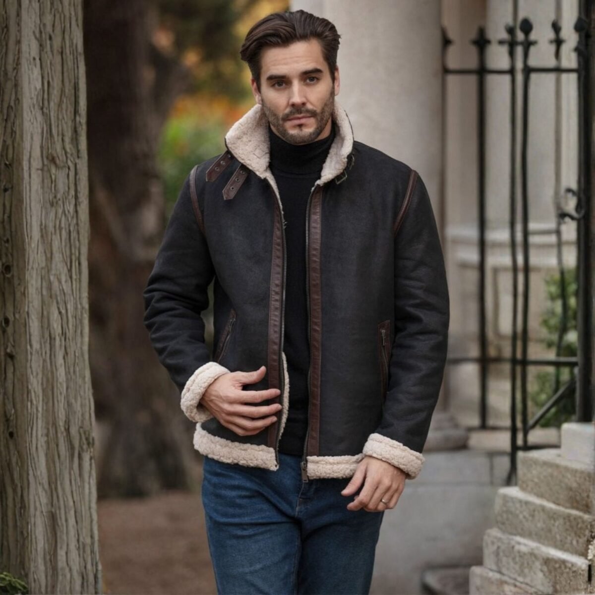 Men's Real Leather Suede Loose Fit Jacket With Faux Fur Lining & Collar Black