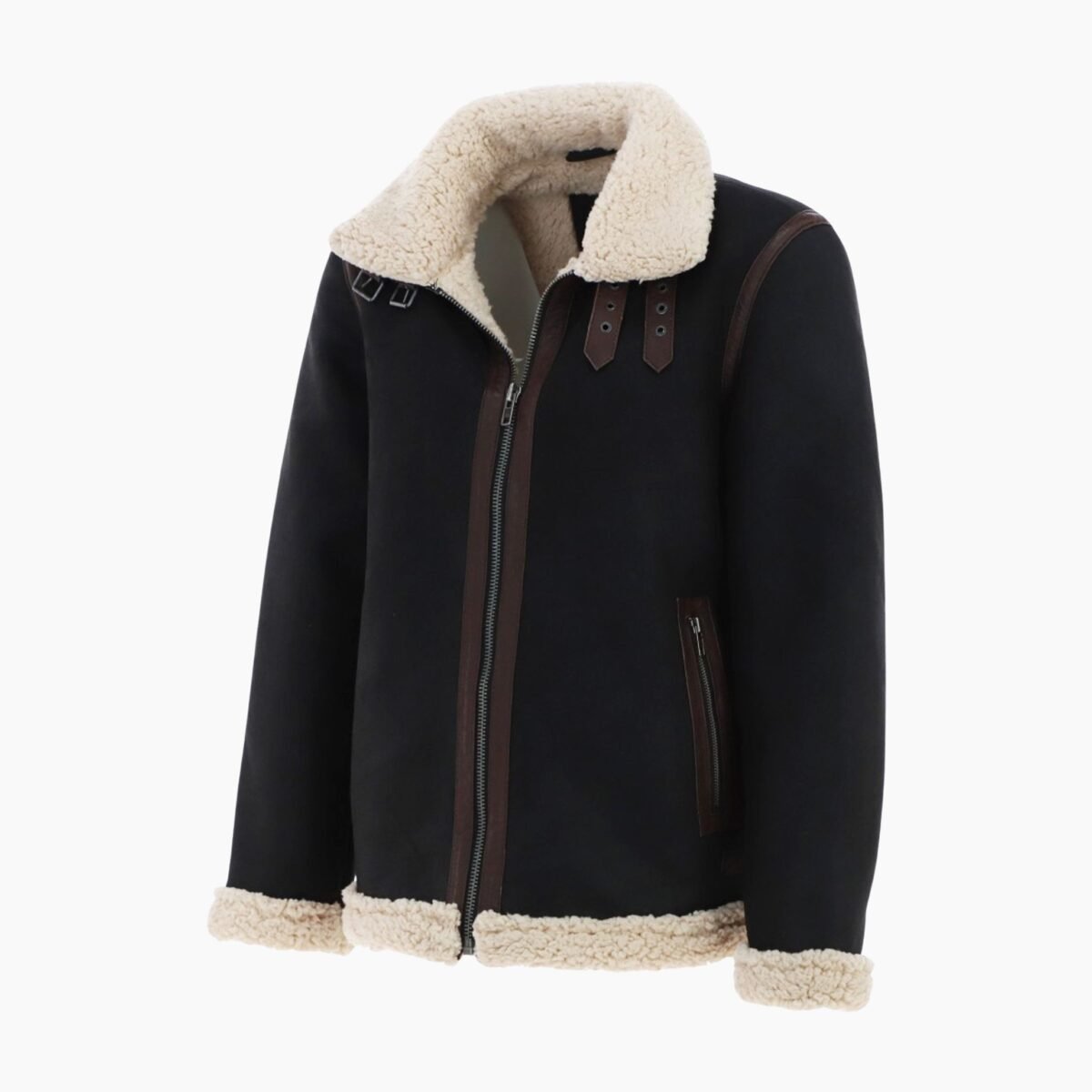 Men's Real Leather Suede Loose Fit Jacket With Faux Fur Lining & Collar Black