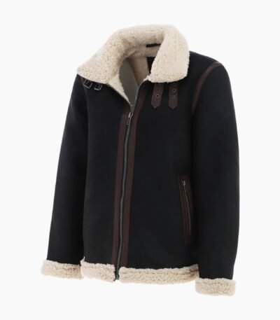 Men's Real Leather Suede Loose Fit Jacket With Faux Fur Lining & Collar Black