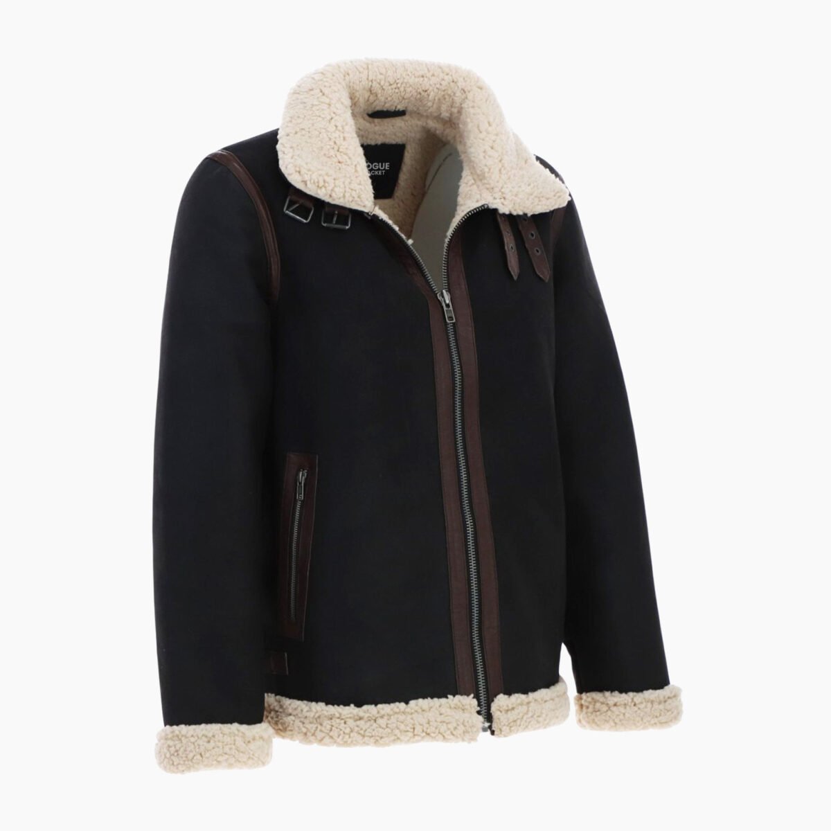 Men's Real Leather Suede Loose Fit Jacket With Faux Fur Lining & Collar Black