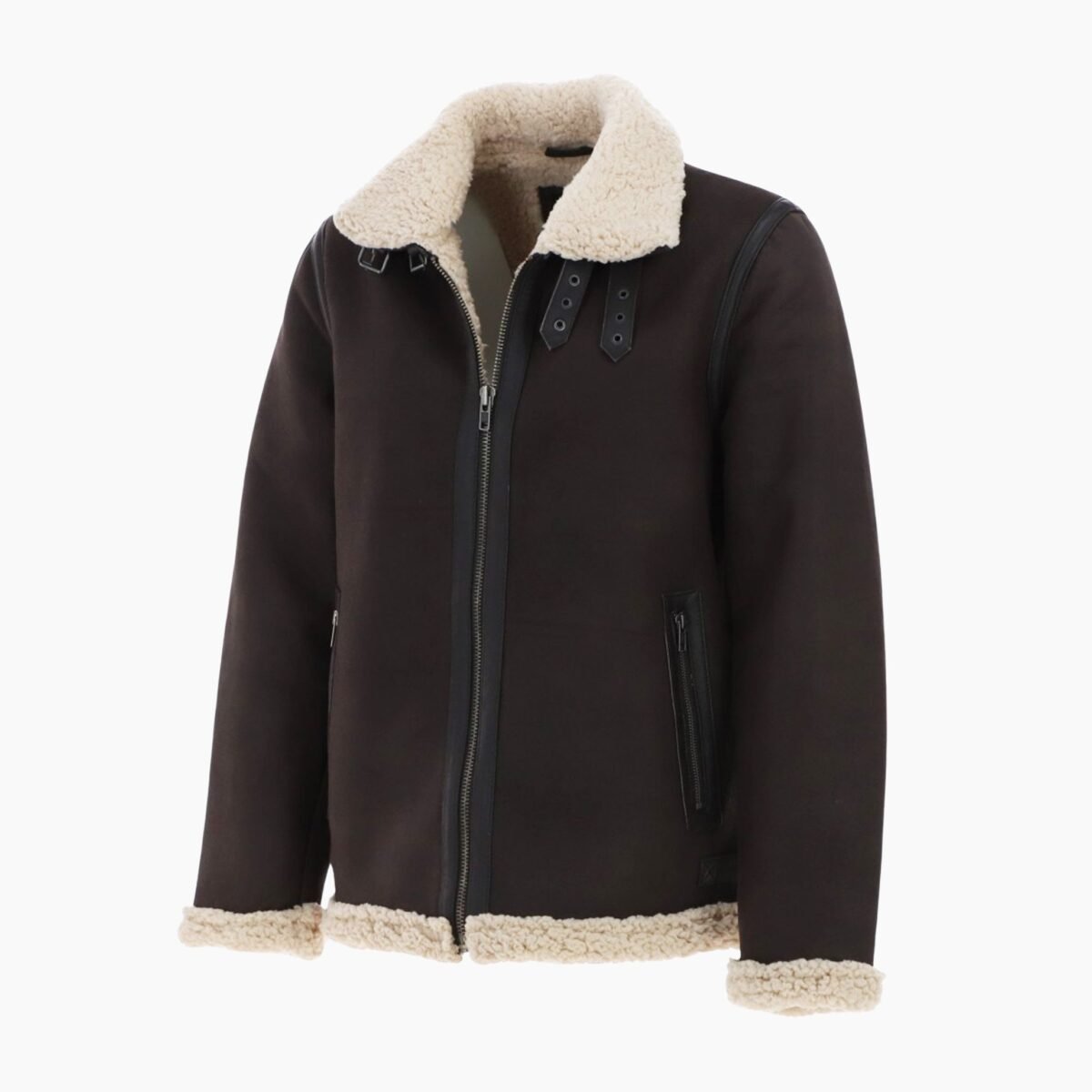 Men's Real Leather Suede Loose Fit Jacket With Faux Fur Lining & Collar Brown