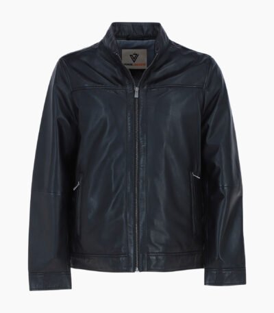 Mens Real Soft Leather Jacket with Mandarin Collar and Straight Zip Black