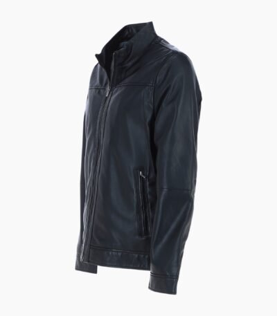 Mens Real Soft Leather Jacket with Mandarin Collar and Straight Zip Black