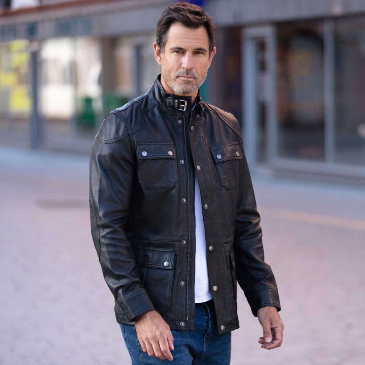 Mens Safari Style Leather Jacket Black