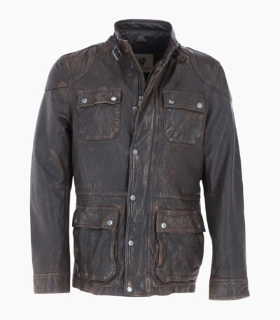 Mens Safari Style Leather Jacket Coffee Brown