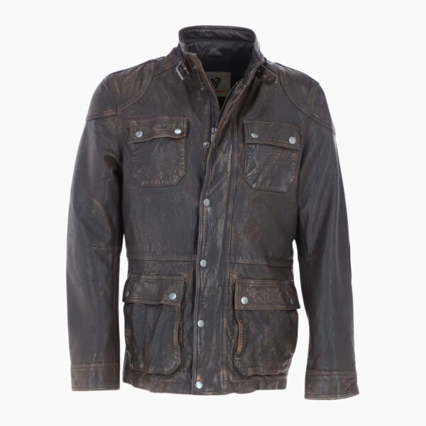 Mens Safari Style Leather Jacket Coffee Brown