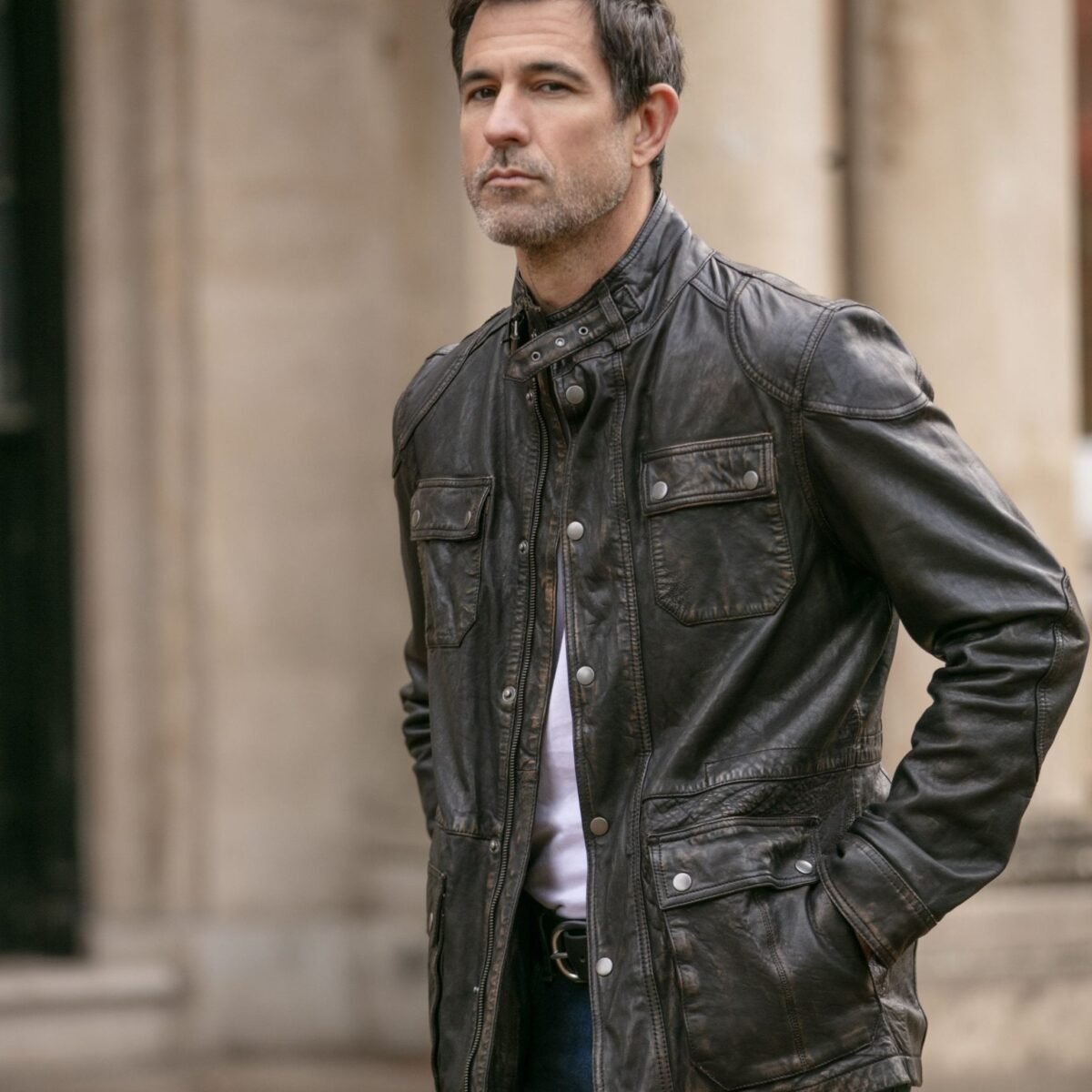 Mens Safari Style Leather Jacket Coffee Brown