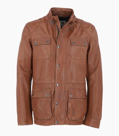 Mens Safari Style Leather Jacket Cognac