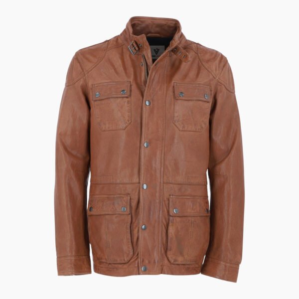 Mens Safari Style Leather Jacket Cognac