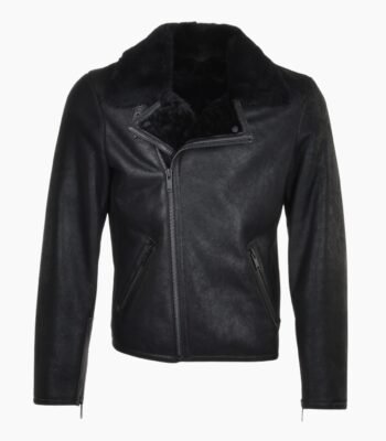 Mens Side Zip Biker Sheepskin Pilot Jacket Black