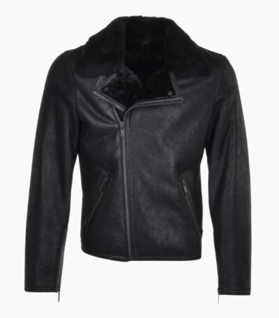 Mens Side Zip Biker Sheepskin Pilot Jacket Black