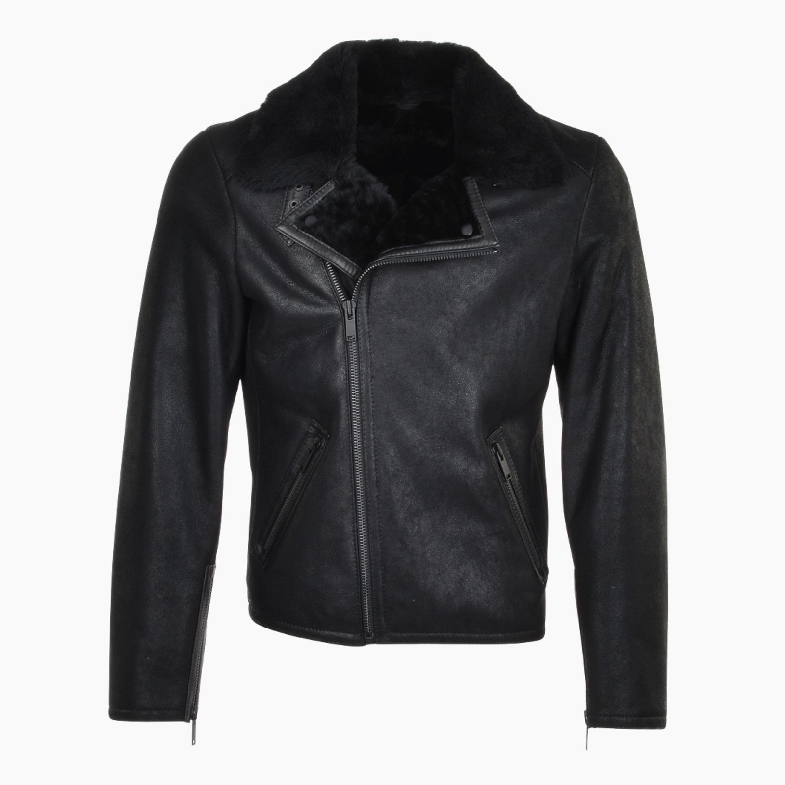 Mens Side Zip Biker Sheepskin Pilot Jacket Black Mens Side Zip Biker Sheepskin Pilot Jacket Black