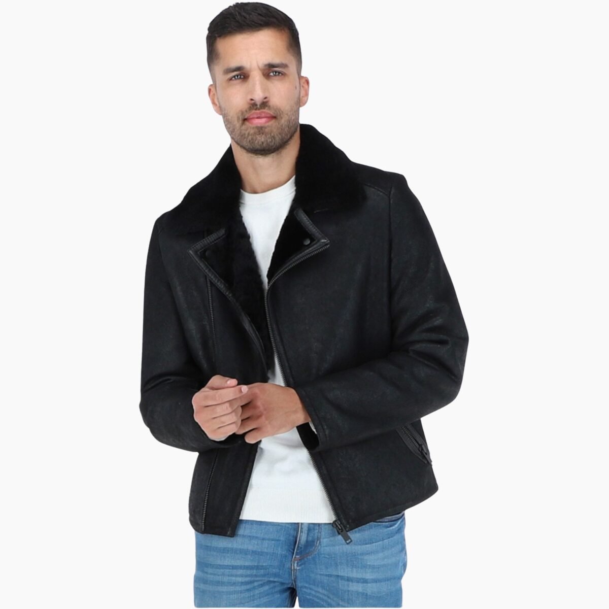 Mens Side Zip Biker Sheepskin Pilot Jacket Black