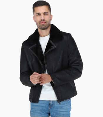 Mens Side Zip Biker Sheepskin Pilot Jacket Black