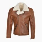 Mens Side Zip Biker Sheepskin Pilot Jacket Tan