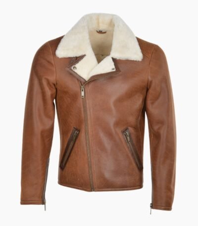 Mens Side Zip Biker Sheepskin Pilot Jacket Tan