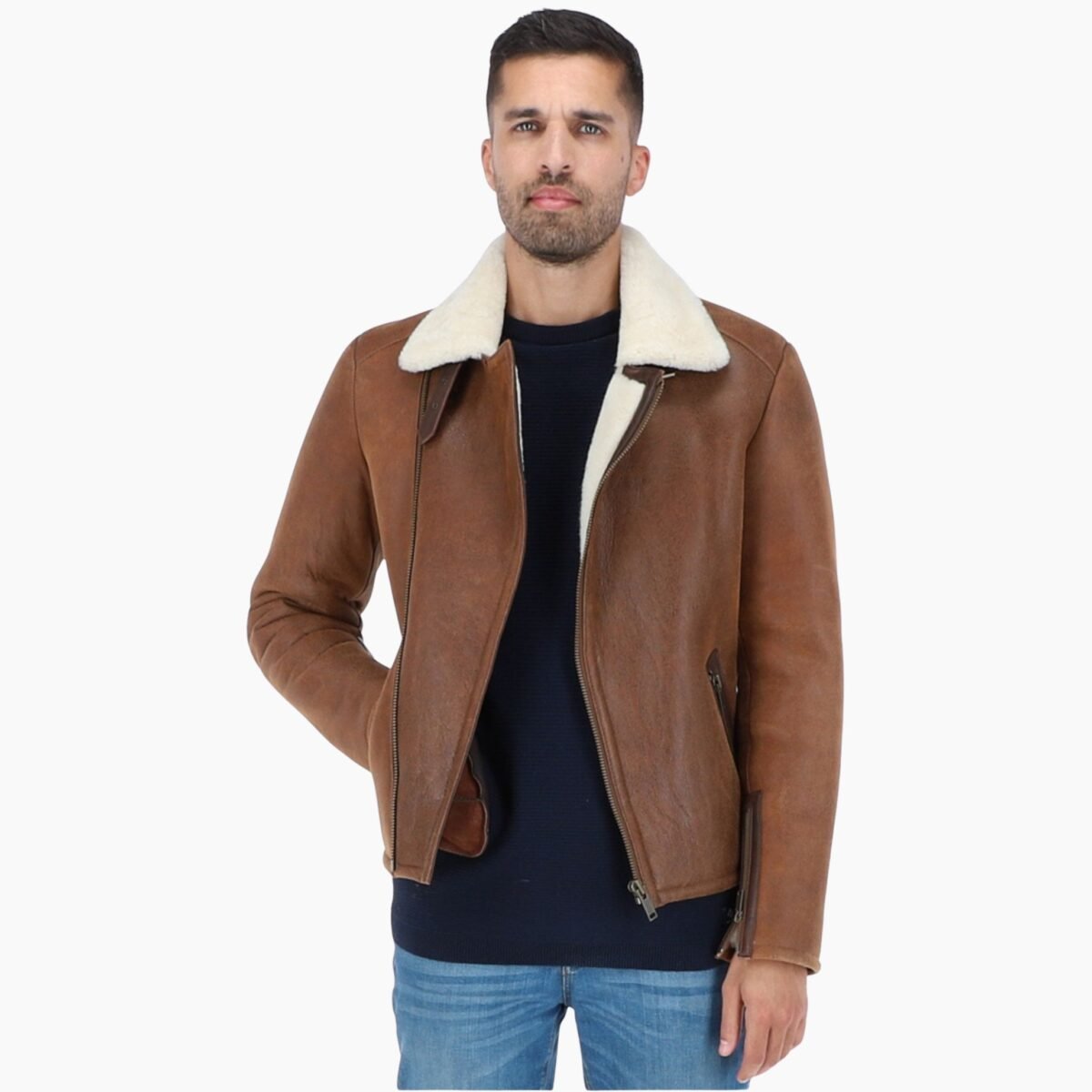 Mens Side Zip Biker Sheepskin Pilot Jacket Tan