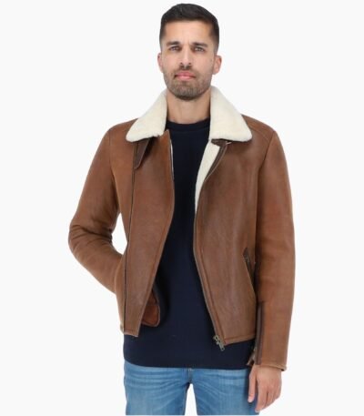 Mens Side Zip Biker Sheepskin Pilot Jacket Tan