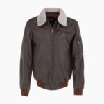 Mens Top Gun Shearling Collar Bomber Leather Jacket Brown