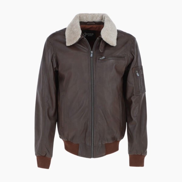 Mens Top Gun Shearling Collar Bomber Leather Jacket Brown