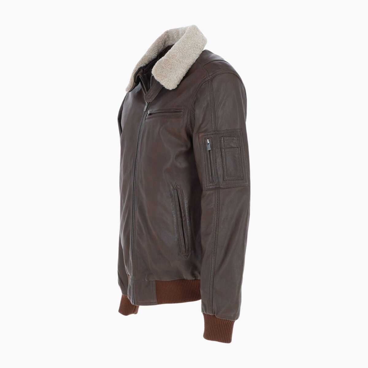 Mens Top Gun Shearling Collar Bomber Leather Jacket Brown