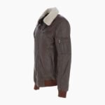 Mens Top Gun Shearling Collar Bomber Leather Jacket Brown