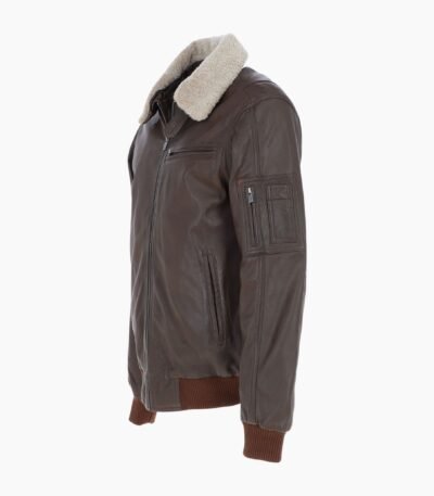 Mens Top Gun Shearling Collar Bomber Leather Jacket Brown