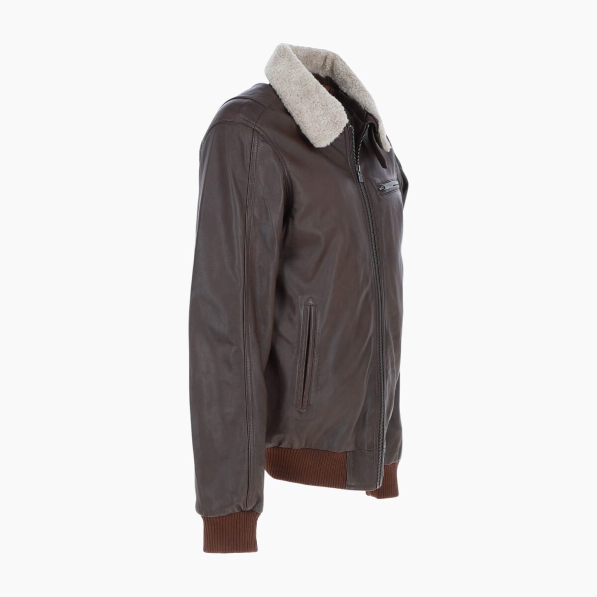 Mens Top Gun Shearling Collar Bomber Leather Jacket Brown