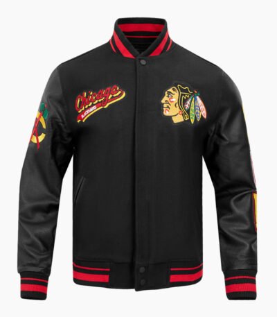 NHL Chicago Black Blackhawks Script Tail Men's Rib Wool Varsity Jacket