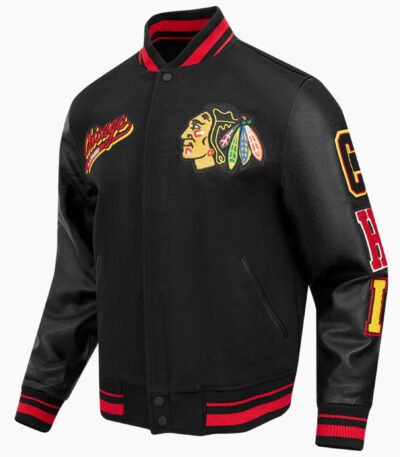 NHL Chicago Black Blackhawks Script Tail Men's Rib Wool Varsity Jacket